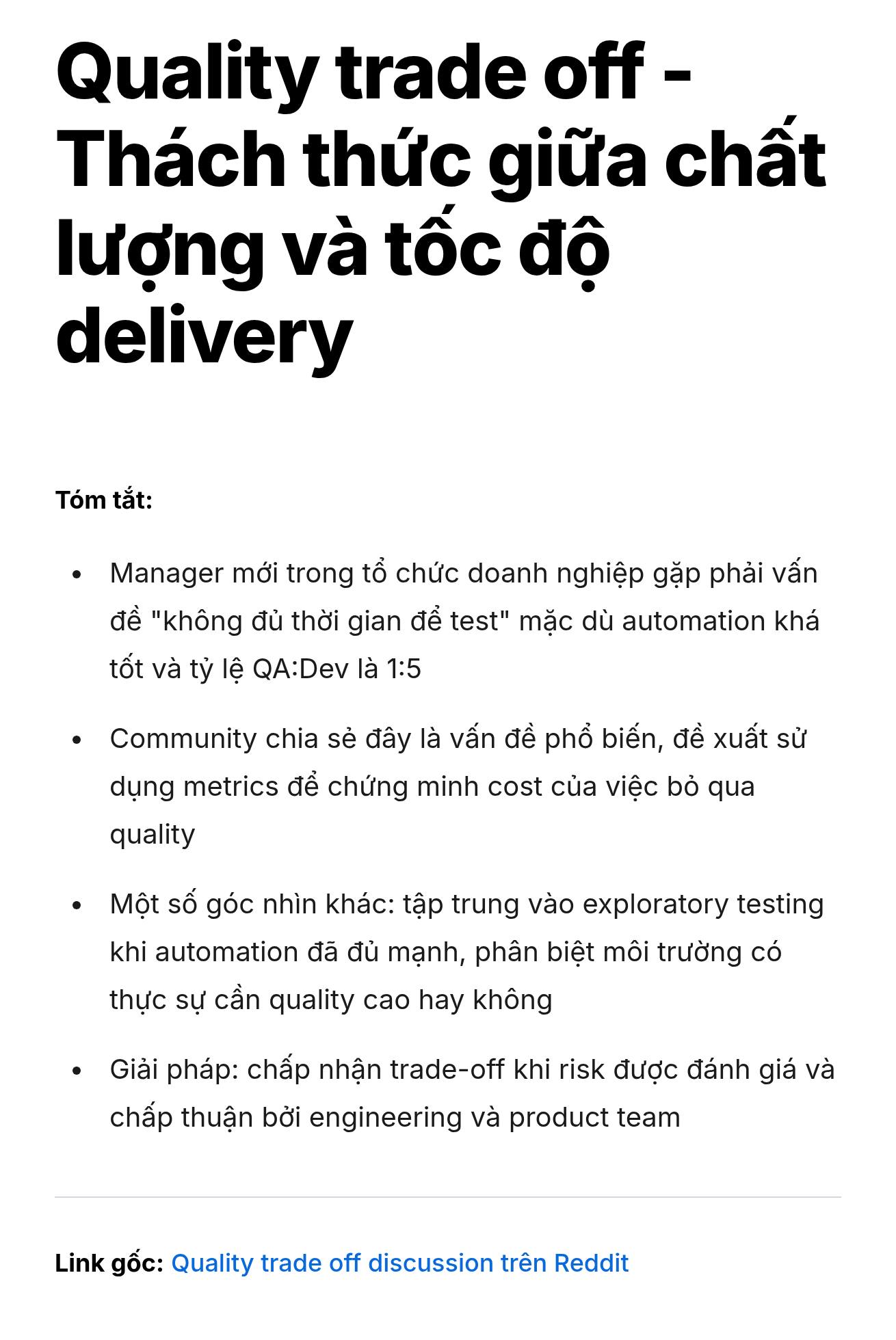 Quality trade off – Thách thức giữa chất lượng và tốc độ delivery