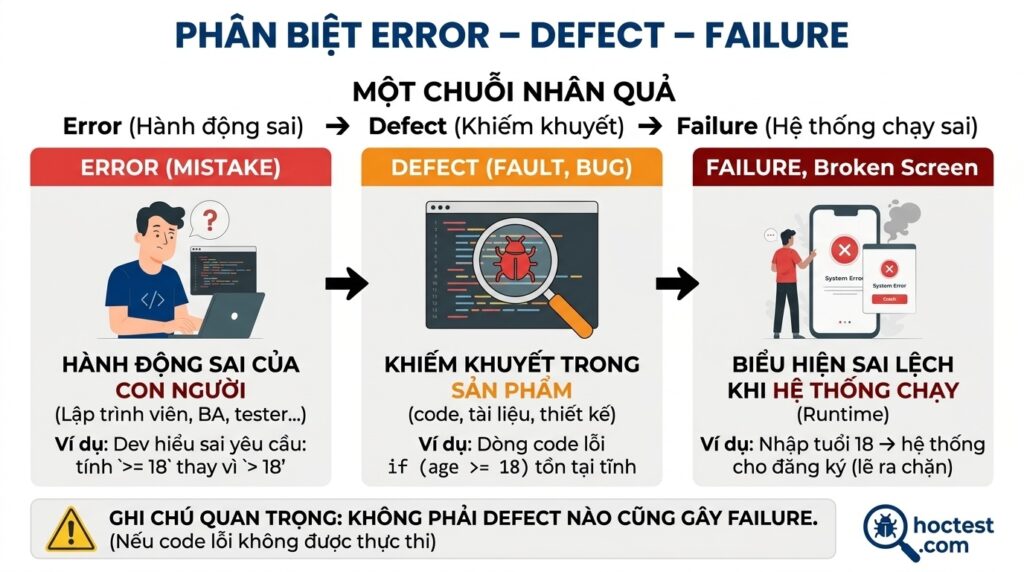 ERROR – DEFECT – FAILURE trong ISTQB khác nhau thế nào?